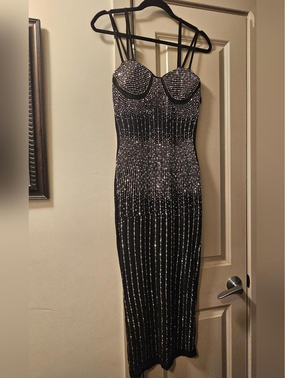 Black Embellished Strappy Bodycon Dress